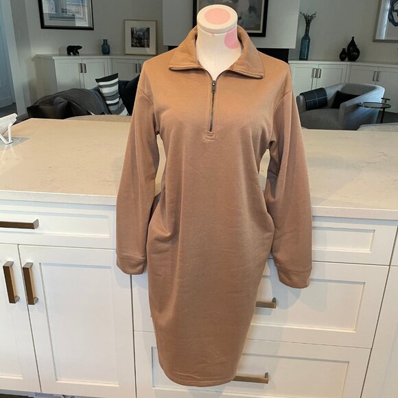 Wishlist 1/4 Zip LS Collared Drop Shoulders Sweatshirt Midi Dress Tan Sz S NWOT - Picture 12 of 12